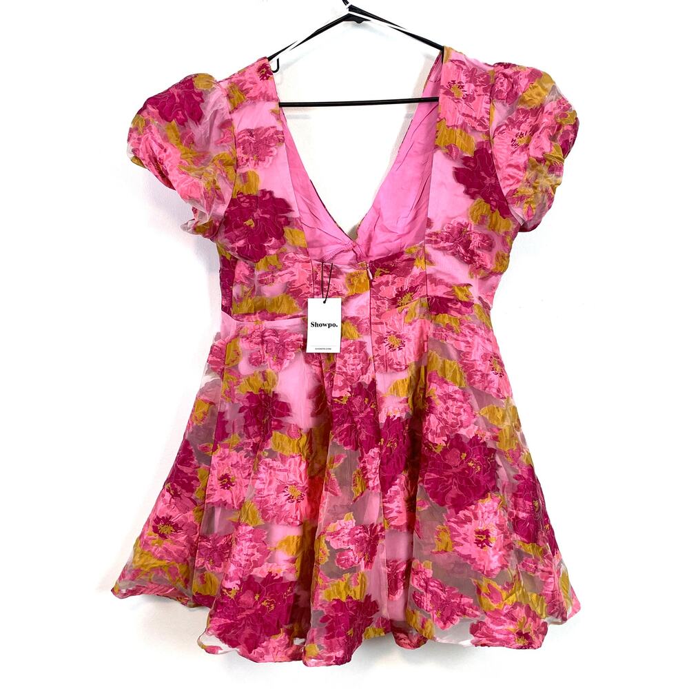 NWT Showpo. Brailey Puff Sleeve Jacquard Mini Dress Lydia Pink Size 12 - Picture 8 of 9